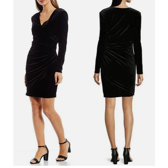 Alex Marie Nikki Black Velvet Stretch V-Neck Long Sleeve Ruched Wrap Dress Sz 8P - Picture 2 of 8